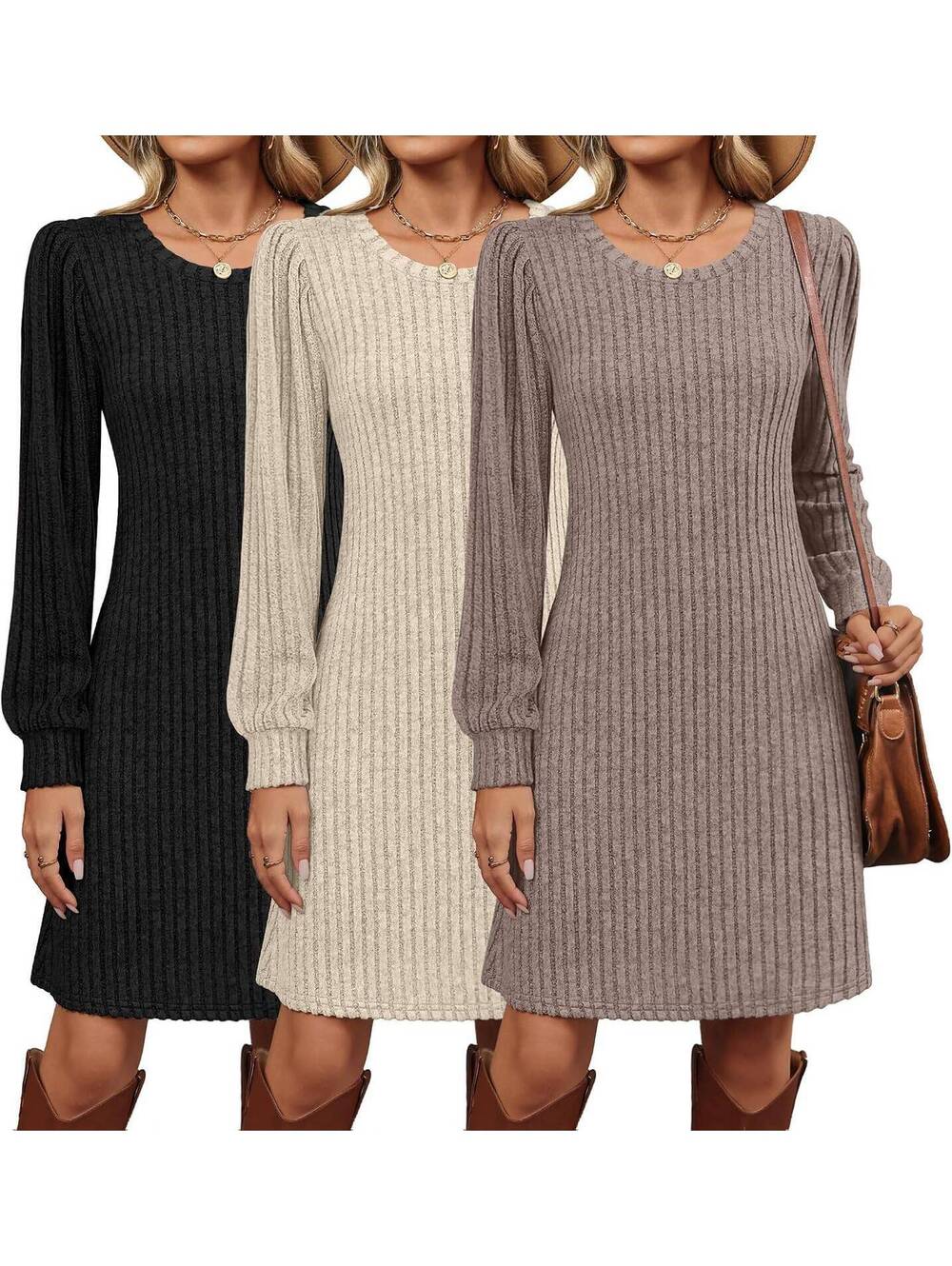 Velvelhall Women's Long-Sleeve Ribbed Knit Sweater Dress 3-Pack - Coffee, Apriot